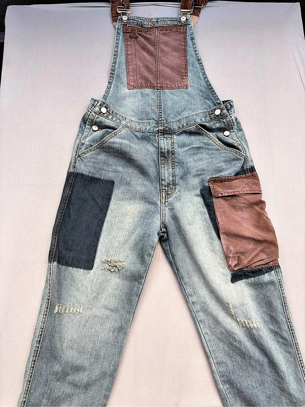 JEAN SEN Cargo Denim Overalls in Blue & Brown Size Medium